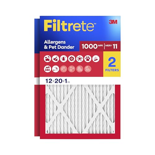 Filtrete 12x20x1 Air Filter, MERV 11, MPR 1000, Allergens & Pet Dander, 3-Month AC and Furnace Filters, Cleaner Air, Reliable Airflow, 2 HVAC Filters (Actual Size 11.68 x 19.68 x 0.81 in)