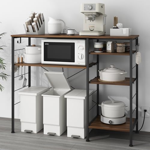 「ゴミ箱上 左右付け替え 高さ調整」MoonMeguri レンジボード キッチンツールラック S字フック・2口コンセント付き 幅120奥行き40高さ97㎝ 5色展開 キッチン ゴミ箱 家電 収納 ラック 左右交換・収納スペースDIY 食器棚 キッチンカウンター レンジ台 耐熱・耐汚・耐水性 (ダークブラウン, 幅120cm)