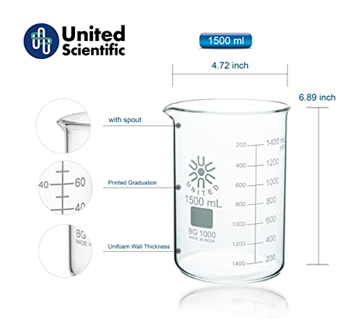 United Scientific™ Bg1000-1500 Borosilicate Laboratory Grade Glass Beakers| Griffin Style Low Form Beaker | Graduated With Spout | Designed For Laboratories & Chemistry Classrooms| 1500Ml Pack Of 4 #TOP2