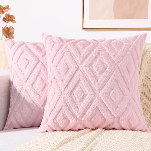 decorUhome Couch Throw Pillow Covers 24x24 Set of 2, Decorative Soft Plush Faux Wool Neutral Accent Pillow Covers for Bed Sofa Living Room, Light Pink