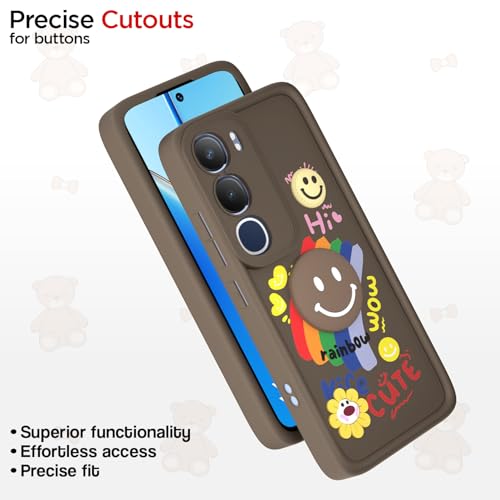 Image of Pikkme Back Cover for Vivo Y29 5G / Vivo Y19s | Soft Silicone| Cute Rainbow Smile & 3D Cartoon Flower Design | Shockproof Raised Camera Protection Bumper Case (Brown)