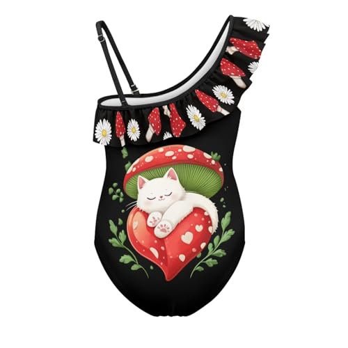 Image of Ladybug Swimsuits for Girls 5-14 One Piece Bathing Suit Kids One Ruffle Shoulder Beach Sport Swimwear