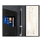 GQIRIL Checkbook Holder Cover - Leather Duplicate Check Book Case with Pen Holder for Men Women, RFID Blocking Standard Personal Checks Register Organizer Wallet with Pockets and Cards Slots, Black