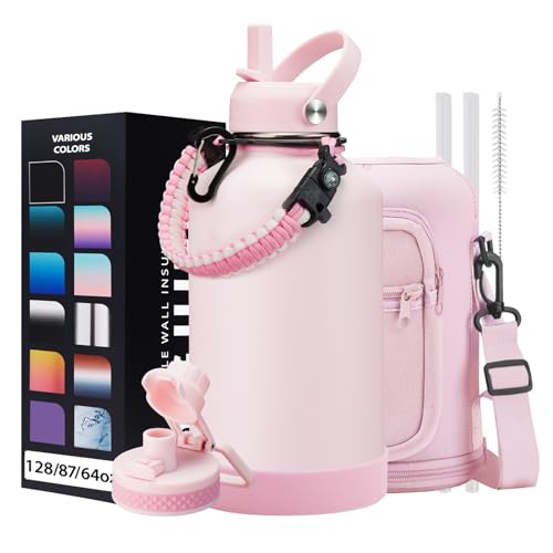 Image of Half Gallon Water-Bottle with Straw - Pop-up Chug Lid (Cold 48H & Hot 24H) 64oz Insulated Water Bottle Flask with Sleeve Strap, Paracord Handle, Bottle Boot, Pink Stainless Steel Metal Water Jug