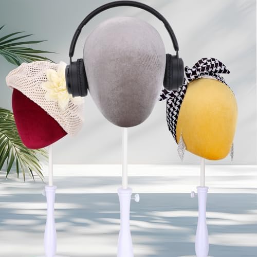 Velvet Wig Head Stand Adjustable for Hat and Wig Display, Mannequin Head Stand with Retractable Metal Base for Styling and Display (Velvet gray)