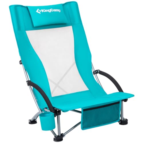 KingCamp Niedrig Strandstuhl Klappbar Leicht bis 180 kg Belastbar Campingstuhl Strandstuhl Faltbar mit Hohe Netzrückenlehne Klappstuhl Strand mit Getränkehalter Netztasche Strandsessel Cyan