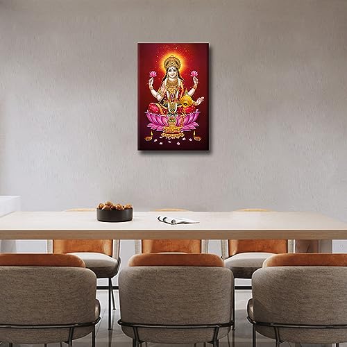 TISHIRON Room Wall Pictures Indian God Laxmi Maa Paintings 1 Piece Canvas Indian Diwali Hinduism Religion Modern Artwork Home Decor for Living Room Framed Ready to Hang 18x12inch - Image 4