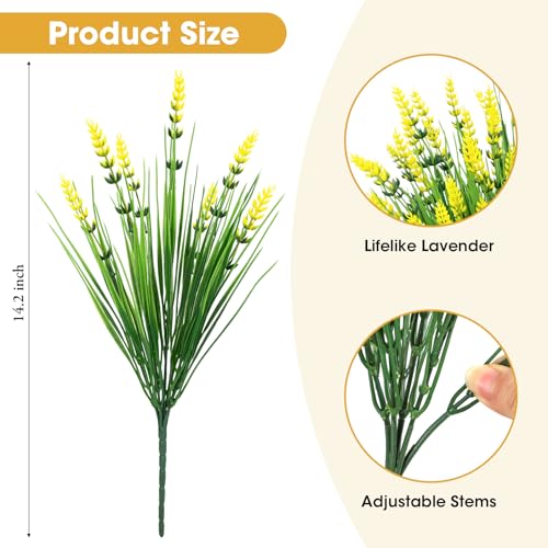 Image of Bassion 24 Bundles Fake Lavender Artificial Flowers for Outdoors, Yellow | UV resistant, plastic lavender with monkey grass, faux plants, home porch garden window box outdoor indoor decorations