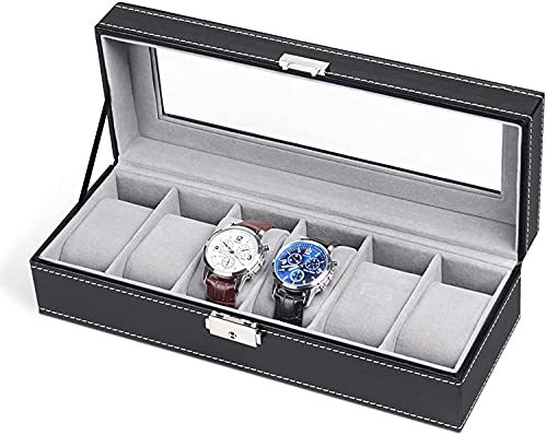Homaxa 6 Slot Leather Watch Box Display Case Organizer Glass Jewelry Storage – Black
