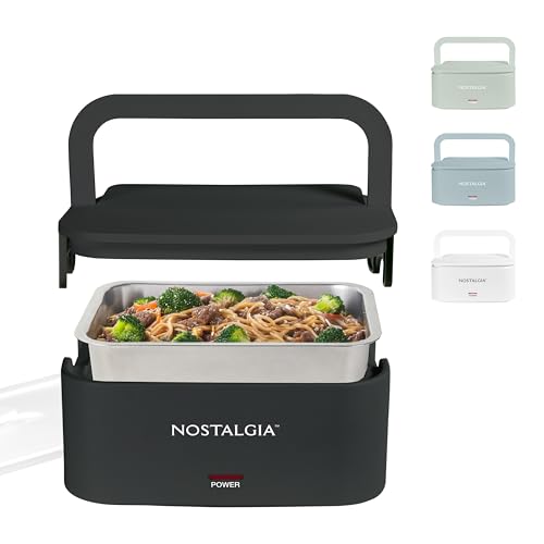 Nostalgia 32-Ounce Heated Electric Lunch Box – Travel Size 4 Cup Capacity for Soup, Pasta, and Leftovers – Leak-Proof Silicone Sealed Lid, Foldable Carry Handle, Detachable Cord – Black