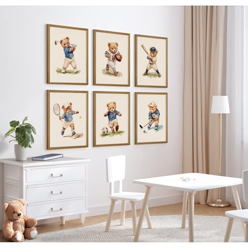 Nursery Bear Sports Wall Art Vintage Boy Room Canvas Wall Decor Baby Teddy Bear Pictures Boy Nursery Art Prints Kids Animal Poster Artwork for Toddler Bedroom Playroom 8x10 Inch Wood Framed 6Pcs by Olctedo - Used condition - Image 5