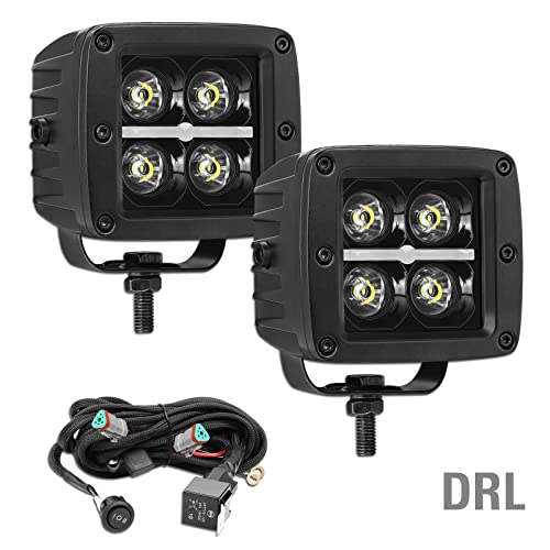 LED Cubes with DRL, OFFROADTOWN 2PCS 3 Inch 80W LED Pods Light with Wiring Harness Daytime Running Light Square LED Driving Light Waterproof Work Light LED Fog Light for Trucks SUV Golf Cart UTV ATV