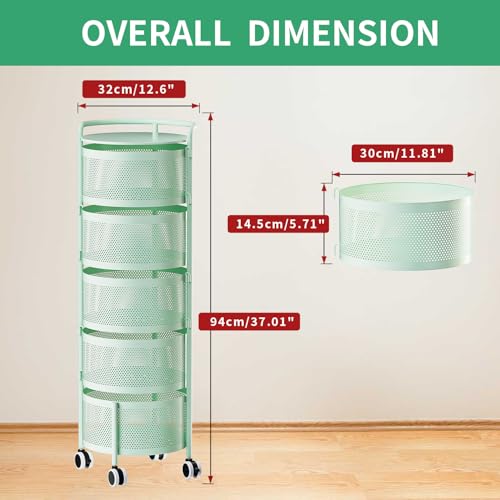 Image of JAQ Rotating Fruit Basket, 5-Tier Metal Sturdy Kitchen Storage Rack Shelf Carts No Assembly on Rolling Wheels for Fruit Vegetable Grocery Corns Potato Onion (5-Tier, Green)