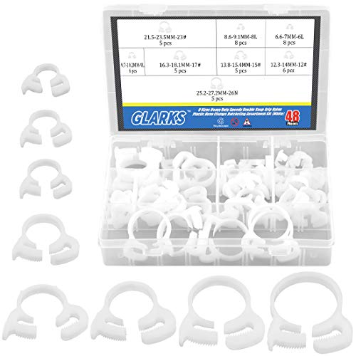 Glarks 48Pcs 8 Size Heavy Duty White Double Gripping Nylon Hose Clamps Set, 6.6-27.2Mm Plastic Snap Ratcheting Clamps Assortment Kit  cover