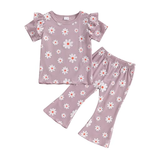Fernvia Toddler Baby Girl Summer Clothes Set Ruffle Knit Ribbed Short Sleeves T-Shirts Tops Pants 2Pcs Outfits 0-5T (C- U Purple, 2-3 Years)