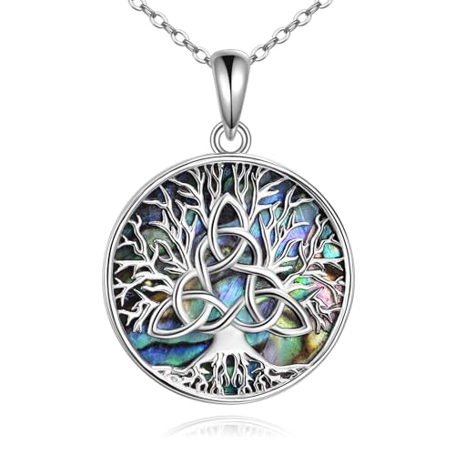 YFN Tree of Life Necklace Sterling Silver Triangular Celtic Knot Pendant Abalone Shell Jewellery Irish Gifts for Women Mom
