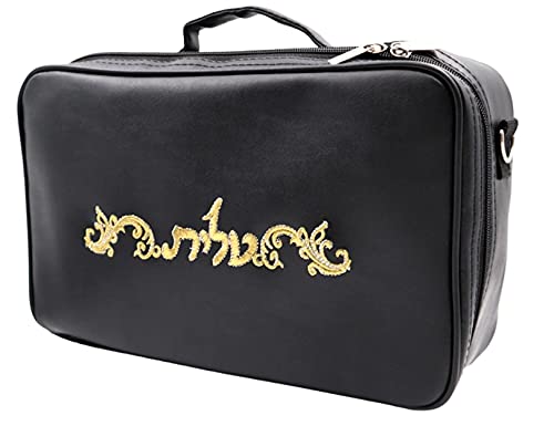 Ateret Judaica Tallit & Tefillin Bag for Jewish Prayer Shawl | Classic Design in Black Color Zippered Embroidered Faux Leather | Include a shoulder strip