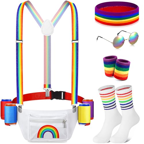 Mepase Rainbow Fanny Pack Pride Accessories 70s 80s Outfit Beverage Beer Belt Set for Halloween Party(Colorful)