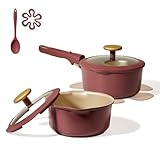 CAROTE 2.0Qt & 3.0Qt Titanium Nonstick Reinforced Sauce Pan Sets with Lid, Non-Stick Saucepans Cookware Set with Pour Spout with Detachable Handle, PFOS, PFOA Free, Induction Comptable, Burgundy
