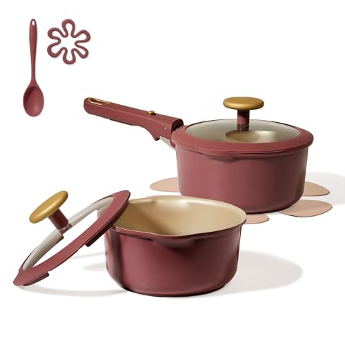 Image of CAROTE 2.0Qt & 3.0Qt Titanium Nonstick Reinforced Sauce Pan Sets with Lid, Non-Stick Saucepans Cookware Set with Pour Spout with Detachable Handle, PFOS, PFOA Free, Induction Comptable, Burgundy