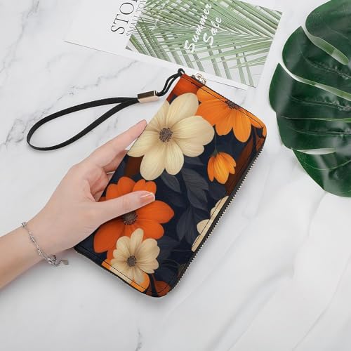 Flowers And Leaves Natural Collors PU Leather Clutch Long Bifold Wallet, Coin Purse Credit Pass Case, Durable Card-Holder Money Storage for Women Men4