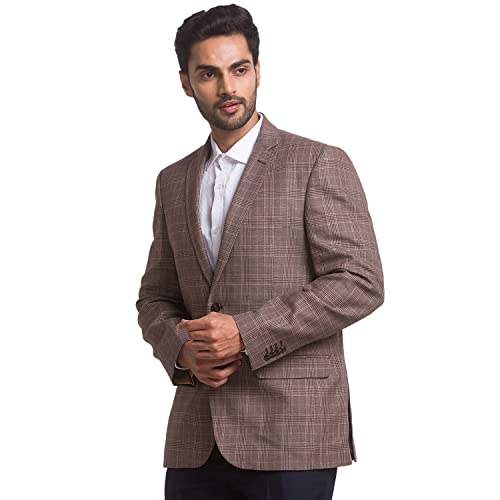 Image of Colorplus Men's Contemporary Fit Terry Rayon Blend Notch Collar Herringbone Pattern Full Sleeve Navy Casual Blazer