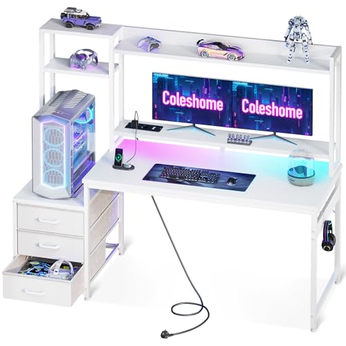 Coleshome Bureau Gaming avec Étagère et Tiroirs, Bureau Gamer avec Éclairage LED & Prise...
