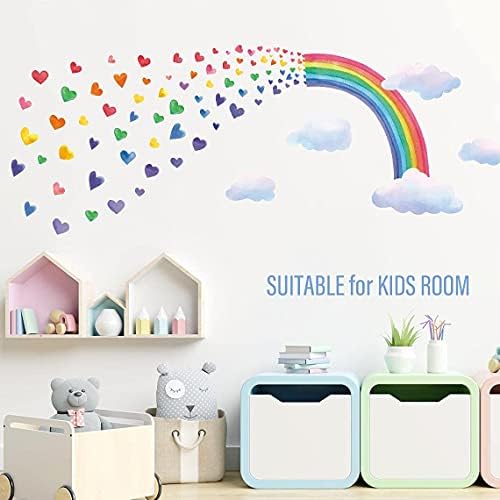 128 Pcs Large Rainbow Wall Decals,Colorful Rainbow Window Stickers,Removable DIY Rainbow Window Decals,Beautiful Rainbow Cloud Love Hearts Wall Art for Girls Bedroom Nursery Kids Room Home Decoration