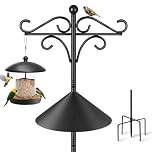 Bird Feeders Pole Squirrel Proof, 233cm Bird Feeder Hanging Feeding Station Stand, Free Standing Heavy Duty Shepherds Hooks with Baffle for Garden Solar Lights,Baskets hanger, Black, 1 Pack