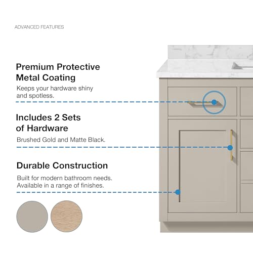 Image of OVE Decors Athea 48 in. Single Sink Freestanding Greige Bathroom Vanity with White Engineered Marble Top, Matching Backsplash, Power Bar and Brushed Gold Hardware