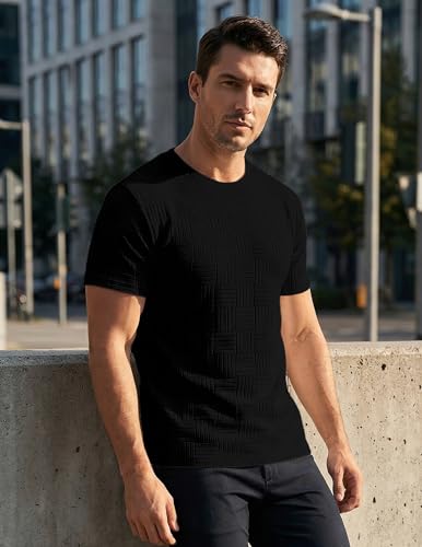Image of JMIERR Mens T-Shirt Casual Stretch Solid Crewneck Short Sleeve Tees Textured Shirts