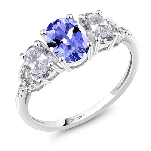 Gem Stone King 10K White Gold Blue Tanzanite White Topaz and Diamond Women Engagement Ring (1.97 Cttw, Gemstone Birthstone, Available In Size 5, 6, 7, 8, 9)
