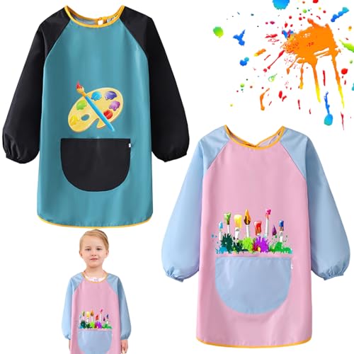 Malschürze Kinder, 2 Stück Wasserdicht Malschürze, Malkittel Kinder 6-12 Jahre Junge Mädchen, Langarm Malerkittel Kind für Schule, Kunst und Handwerk, Malen und Backen Kochen