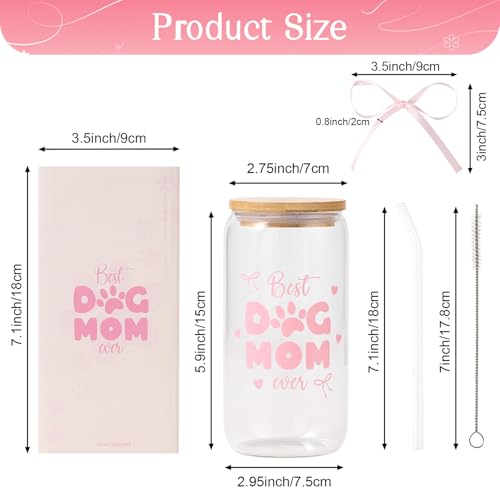LANGASQUE Dog Mom Gift for Women, 16oz Glass Cup with Lids Straws Pink Bow Gift Box, Christmas Dog Lover Gifts, Dog Mom Gift for Birthday Mothers Day — view 2