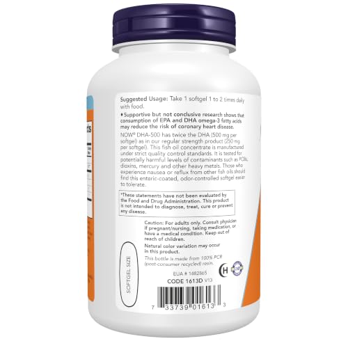 NOW Foods Supplements, DHA-500 with 250 EPA, Molecularly Distilled, Supports Brain Health*, 180 Softgels