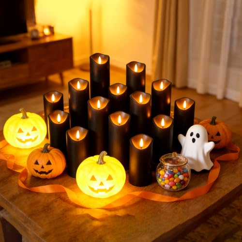 Image of kakoya Flickering Flameless Candles, Battery Operated Plastic LED Pillar Candles with Remote Control and Timer, Set of 24 (Black)