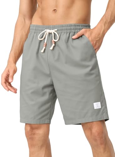 JMIERR Men Shorts Linen Cotton Casual Classic Fit Flat Front Elastic Waist Drawstring Lightweight Summer Beach Shorts for Men US 34 (Medium) Medium Grey