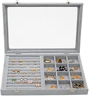 Sasha Morel Jewellery Box | Soft Ice Velvet Display Case | Lockable Storage Box with Clear Lid | Display Tray for Ring, Earring, Necklace, Watch, Organiser Storage (Ring Mix 12 Grid)