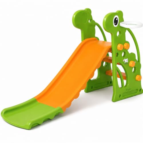 Image of Storio Giraffe Slide for Kids with Basketball Hoop | Indoor Outdoor Toddler Climber Playset for 2+ Years | Safe & Sturdy Plastic Garden Slide Toy for Boys & Girls - Green Orange