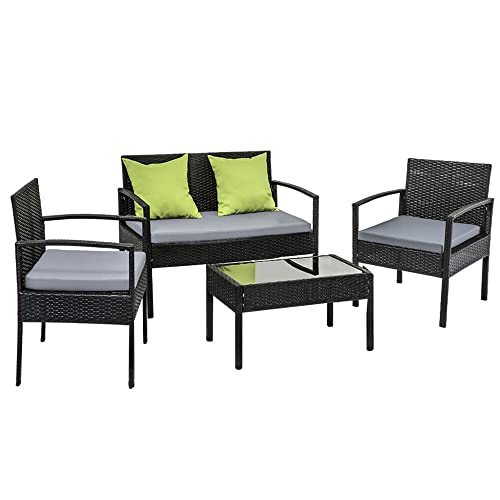 Gardeon 4-Piece Outdoor Sofa Set Lounge Setting Wicker Table and Chairs Garden Furniture Patio Couch Deck Backyard Rattan Weather-Resistant Cushion Black