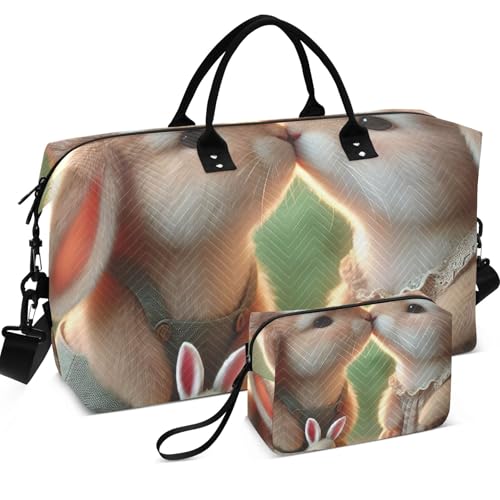 Bunny Kiss Rabbits Travel Duffle Women Makeup Pouch Set of 2, Animal Floral Womens Small Duffle Bag Carry on Duffel Bag