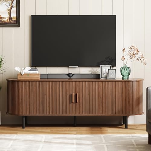 Image of ONBRILL 63 inch TV Stand with Power Outlet for TVs up to 70 Inch, Entertainment Center with Storage and Adjustable Shelves, Modern Media Console with Sliding Doors for Living Room, Walnut