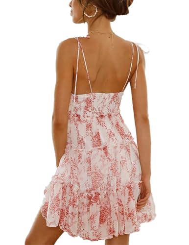 Image of kinstell Women's Boho Spaghetti Strap Ruffle Square Neck Bowknot Backless Sleeveless Elegant Flowy Mini Short Skater Dresses