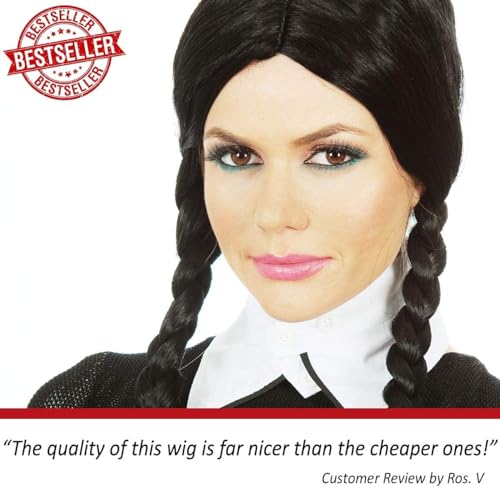 Image of ALLAURA Braided Black Wig Costume Wed. Black Braided Pigtail Wig Braids + Red Ribbons Costume Wig Halloween Costume | Compatible with Wednesday Wig