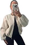 Pretty Attitude Women’s Classic Plain Bomber Zipper Jacket, Ladies Balloon Sleeve Elegant Full Zip Lightweight Winter Warm Short Coats (UK, Numeric, 12, 14, Regular, Regular, Cream)