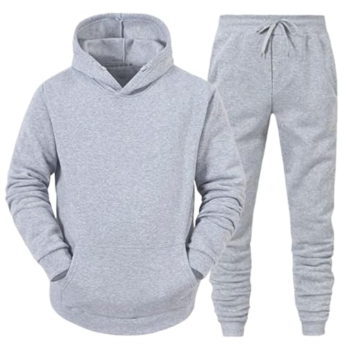 Mens Plain Tracksuit Hooded Jogging Tops Bottoms Trouser Suit Set, Casual Warm Fleece Top Slim Fit Track Suit Sweatsuit With Drawstring Hoodie And Front Pockets Joggers Sets, S To XXL, Grey-XXL