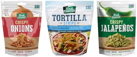 Fresh Gourmet Crispy Toppings Trio for Salads, Soups, Burgers, Sandwiches, Wraps and Snacks, Crispy Onions, Tortilla Strips and Crispy Jalapeños, Crunchy Salad Toppers, 3.5 Ounce (Variety Pack)