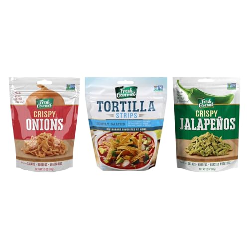 Image of Fresh Gourmet Crispy Toppings Trio for Salads, Soups, Burgers, Sandwiches, Wraps and Snacks, Crispy Onions, Tortilla Strips and Crispy Jalapenos, Crunchy Salad Toppers, 3.5 Ounce (Variety Pack)