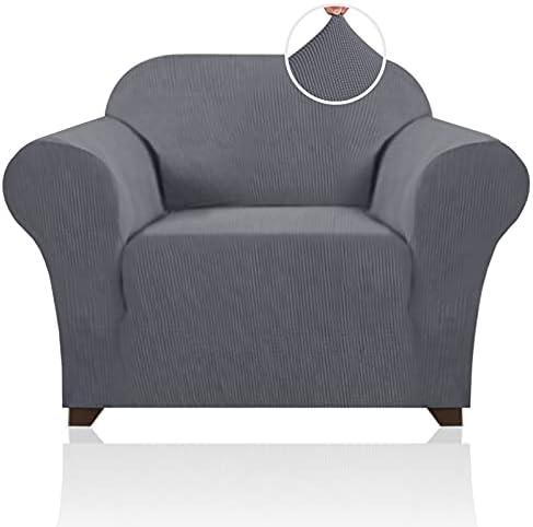 Soft Spandex Chair Cover 1 Piece Furniture Protector Lycra Jacquard Small Checks Sofa Cover for Living Room 1 Seat Cushion Couch Cover Slipcover with Elastic Bottom (1 Seater, Charcoal Gray)