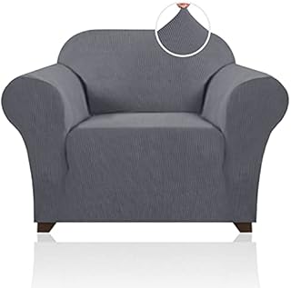 Soft Spandex Chair Cover 1 Piece Furniture Protector Lycra Jacquard Small Checks Sofa Cover for Living Room 1 Seat Cushion Couch Cover Slipcover with Elastic Bottom (1 Seater, Charcoal Gray)